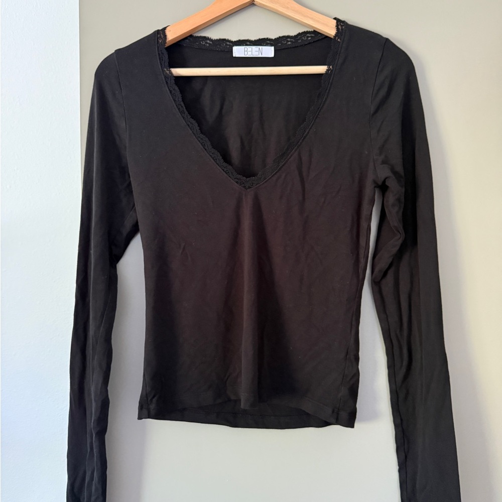 Belen Black Lace Trim V-Neck Shirt